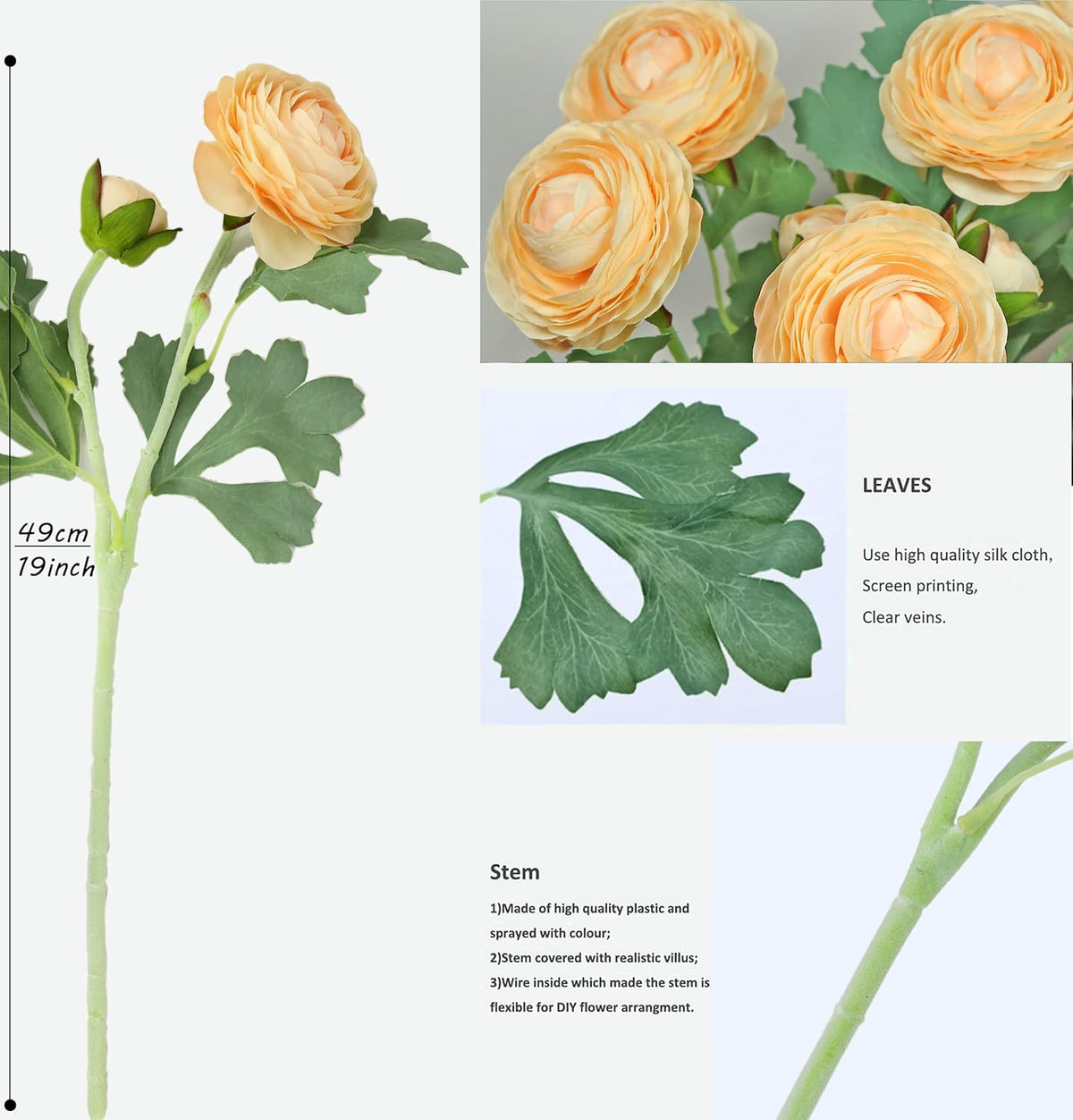 Artificial Ranunculus Flowers with Real Touch Stem, Silk Ranunculus Flowers (6 Pack) (White)