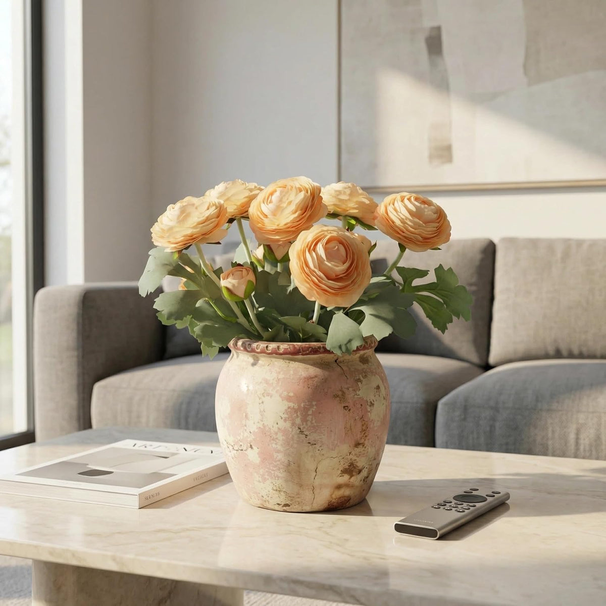 Artificial Ranunculus Flowers with Real Touch Stem, Silk Ranunculus Flowers (6 Pack) (White)