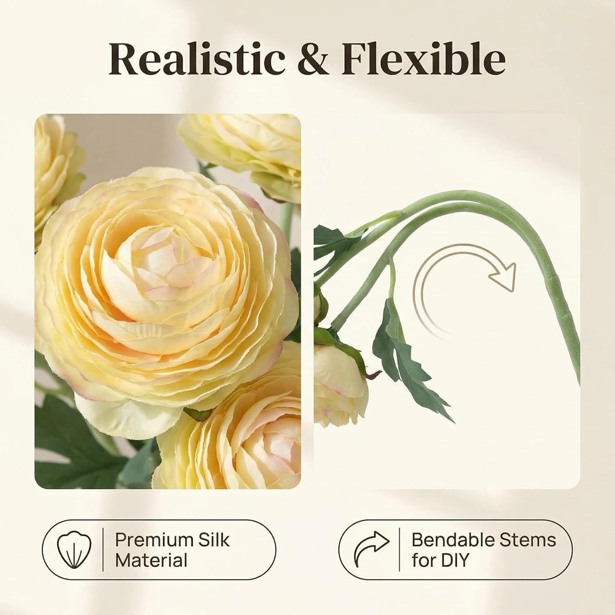 Artificial Ranunculus Flowers with Real Touch Stem, Silk Ranunculus Flowers (6 Pack) (White)