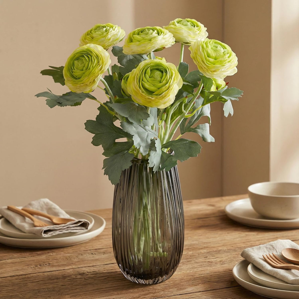 Artificial Ranunculus Flowers with Real Touch Stem, Silk Ranunculus Flowers (6 Pack) (White)