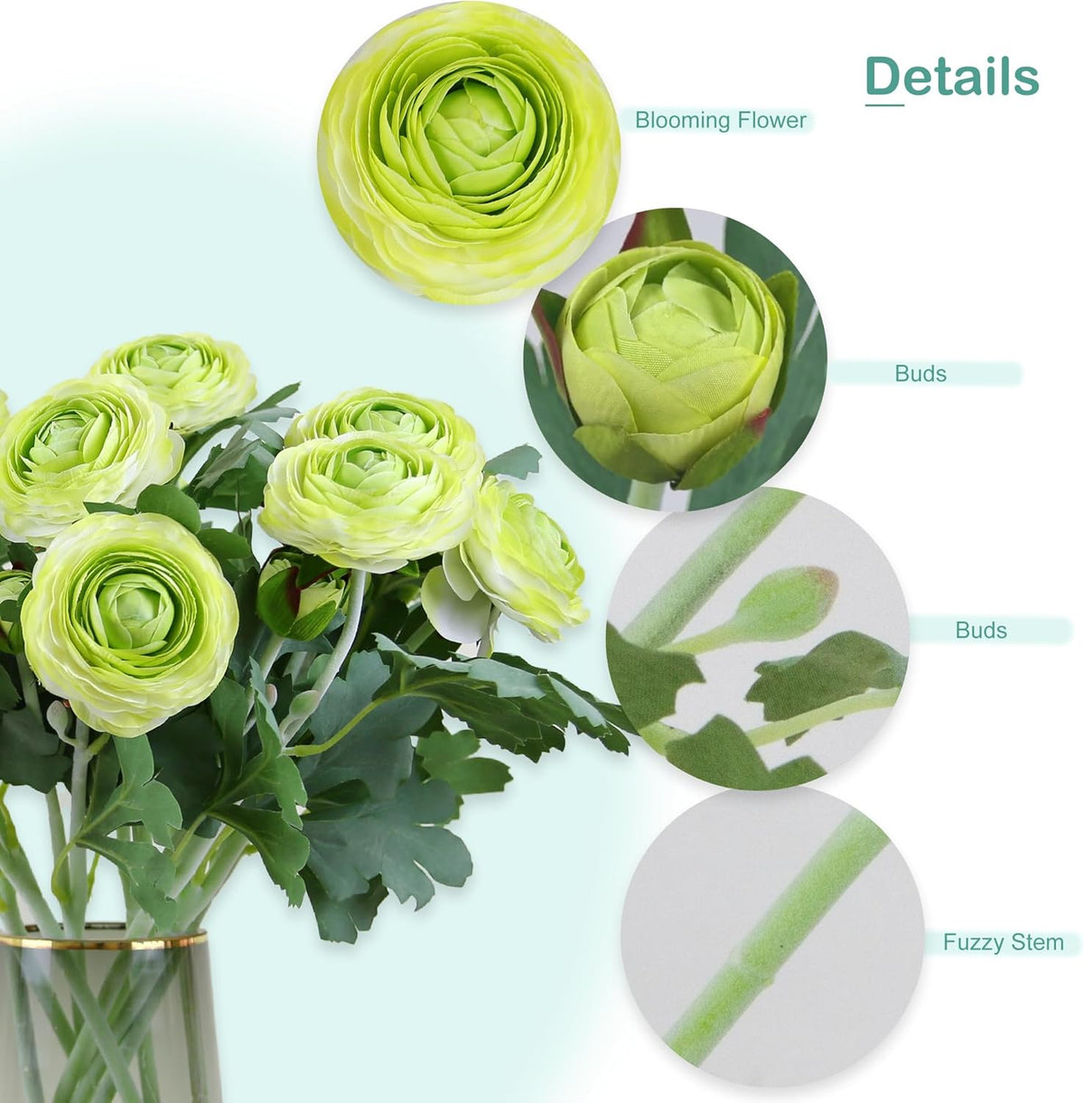 Artificial Ranunculus Flowers with Real Touch Stem, Silk Ranunculus Flowers (6 Pack) (White)