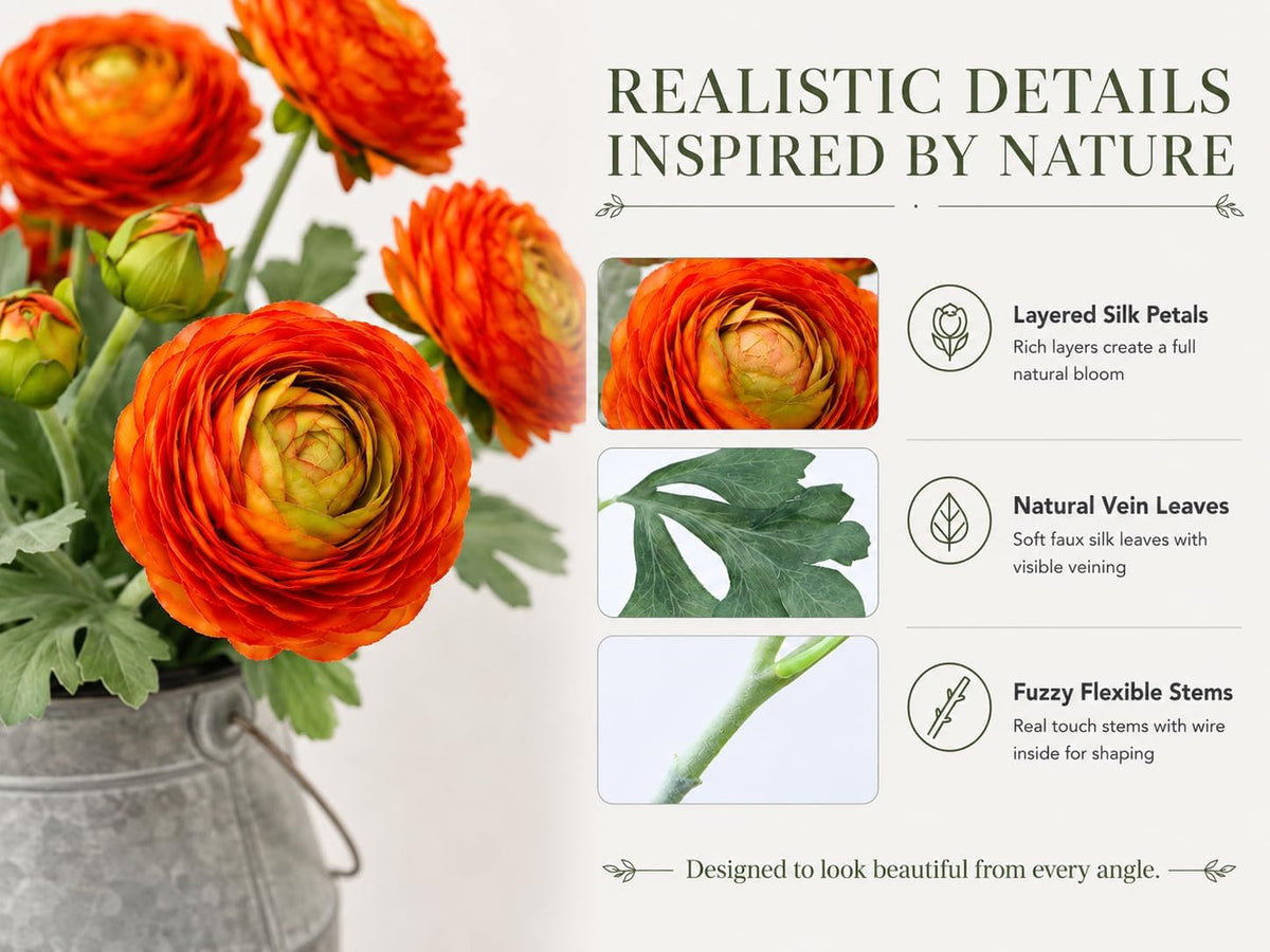 Artificial Ranunculus Flowers with Real Touch Stem, Silk Ranunculus Flowers (6 Pack) (White)
