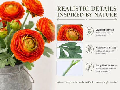 Artificial Ranunculus Flowers with Real Touch Stem, Silk Ranunculus Flowers (6 Pack) (White)