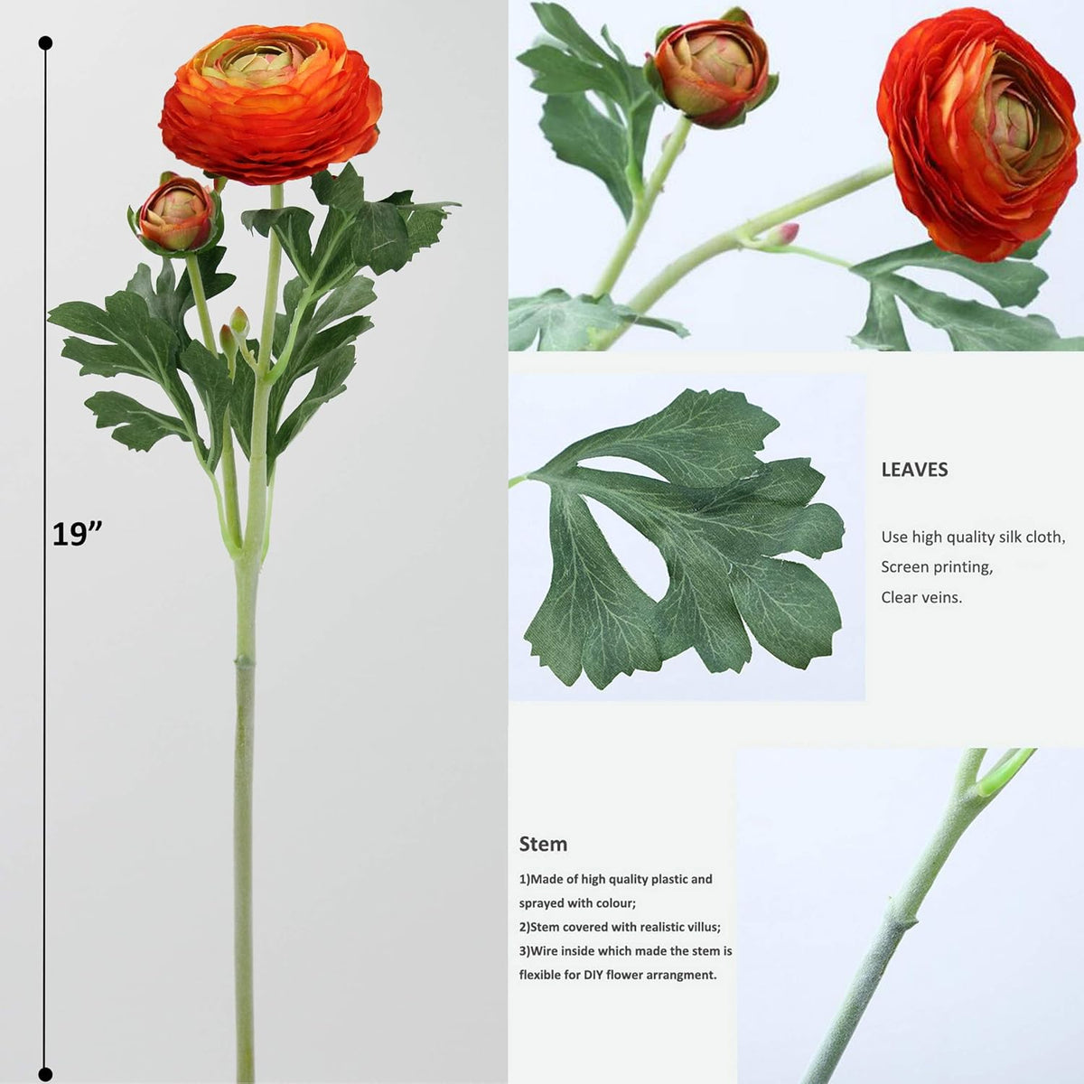 Artificial Ranunculus Flowers with Real Touch Stem, Silk Ranunculus Flowers (6 Pack) (White)