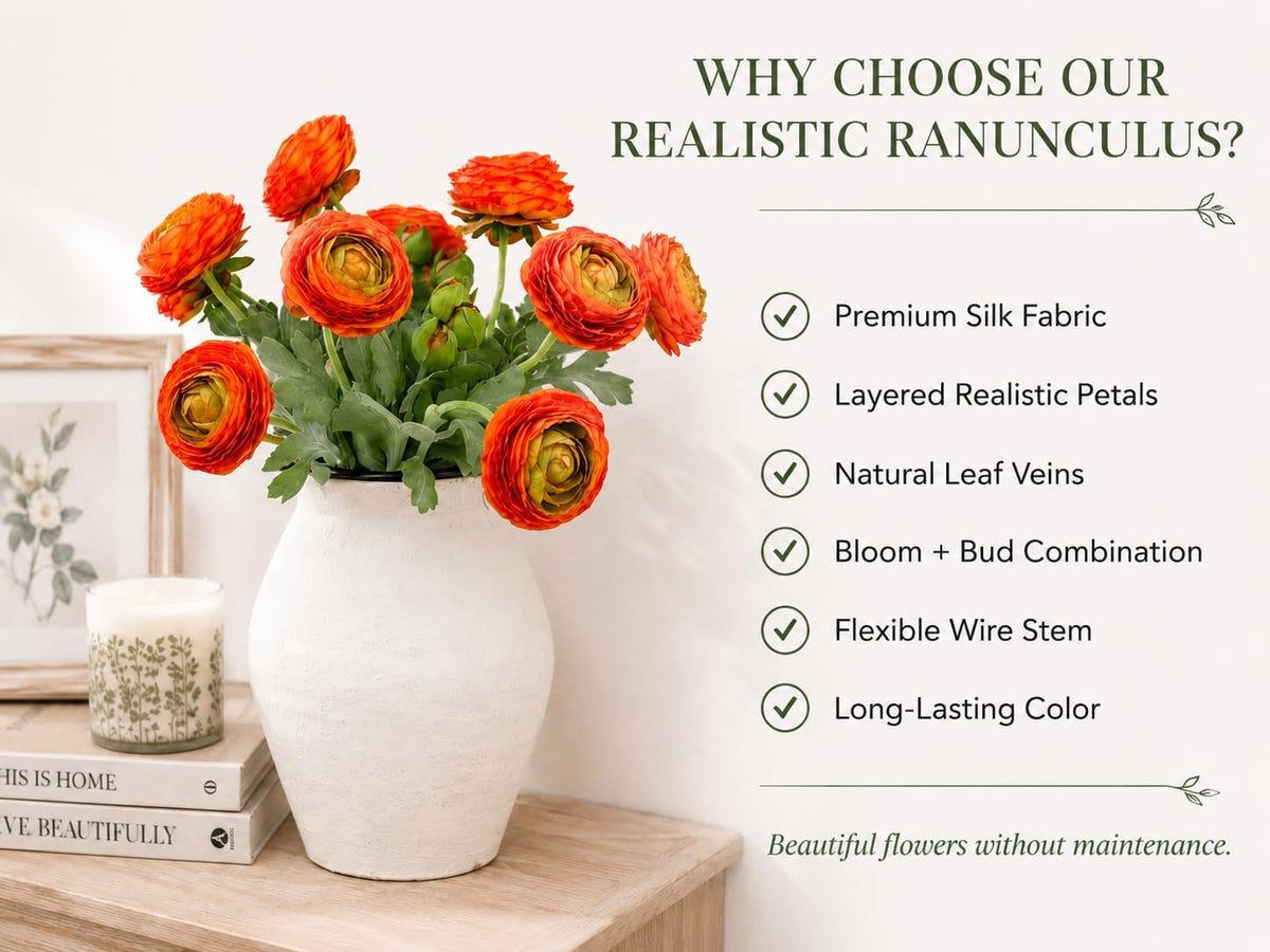 Artificial Ranunculus Flowers with Real Touch Stem, Silk Ranunculus Flowers (6 Pack) (White)