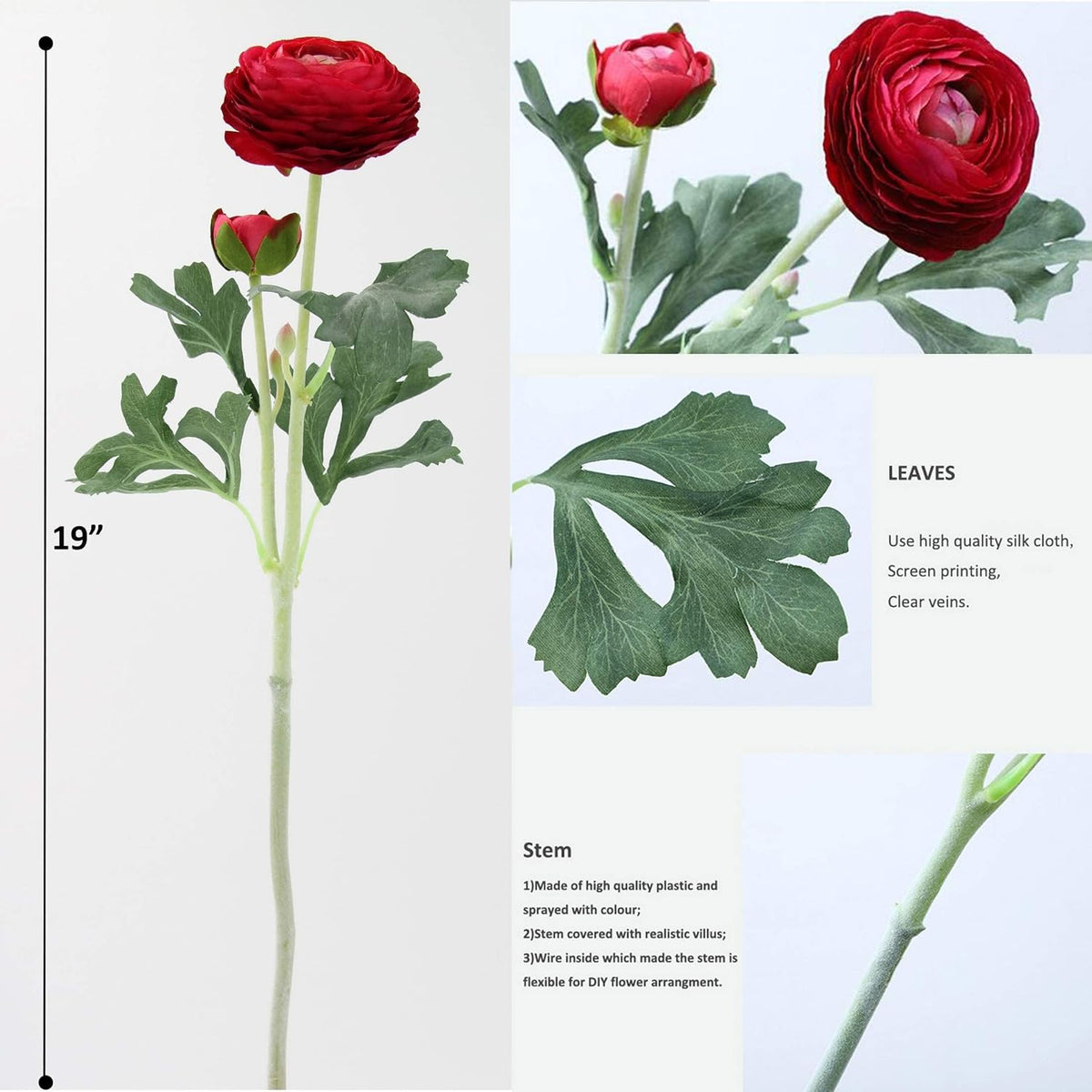Artificial Ranunculus Flowers with Real Touch Stem, Silk Ranunculus Flowers (6 Pack) (White)