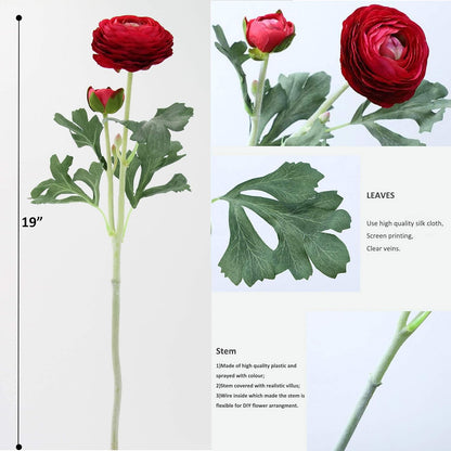 Artificial Ranunculus Flowers with Real Touch Stem, Silk Ranunculus Flowers (6 Pack) (White)