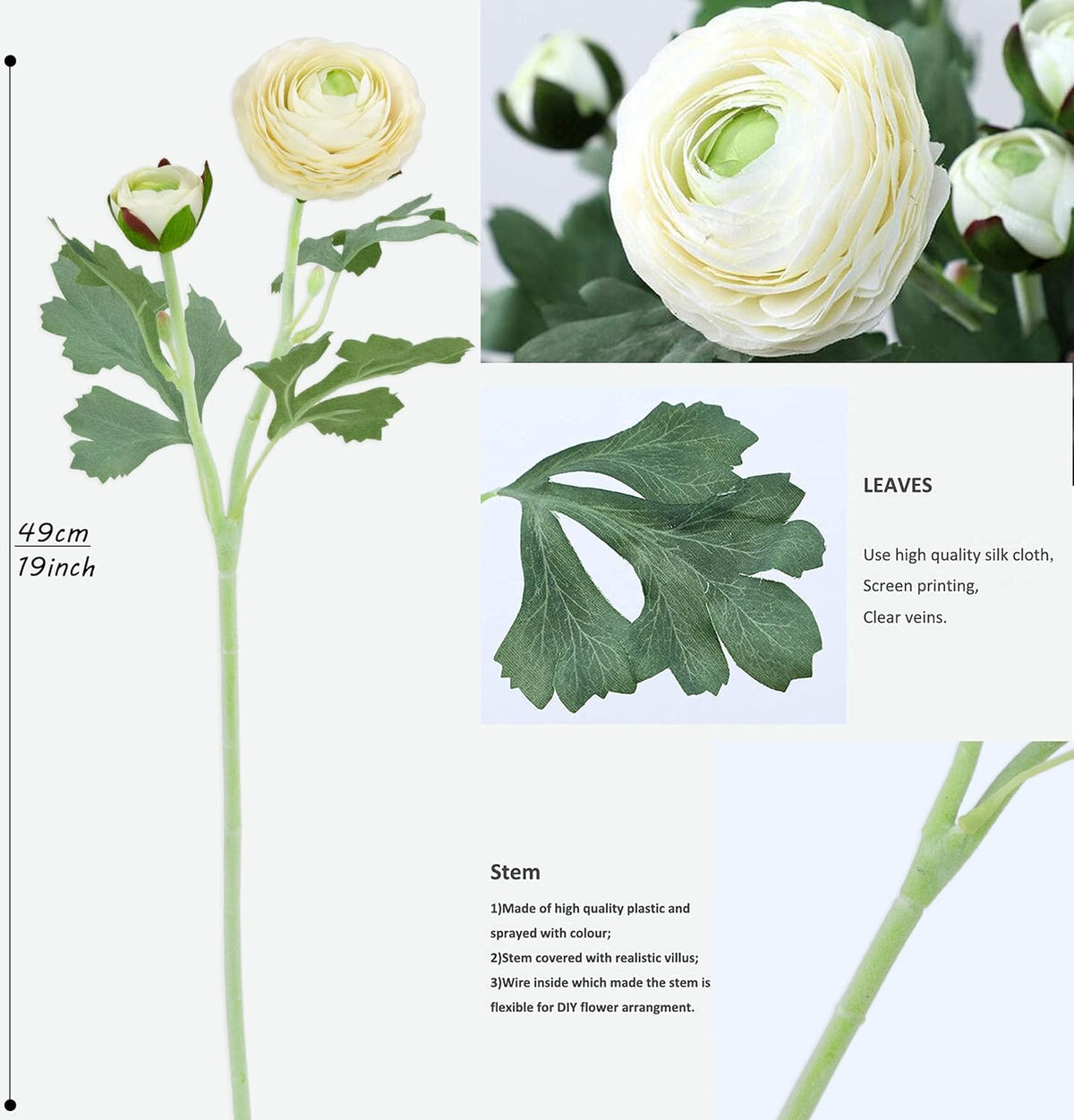 Artificial Ranunculus Flowers with Real Touch Stem, Silk Ranunculus Flowers (6 Pack) (White)
