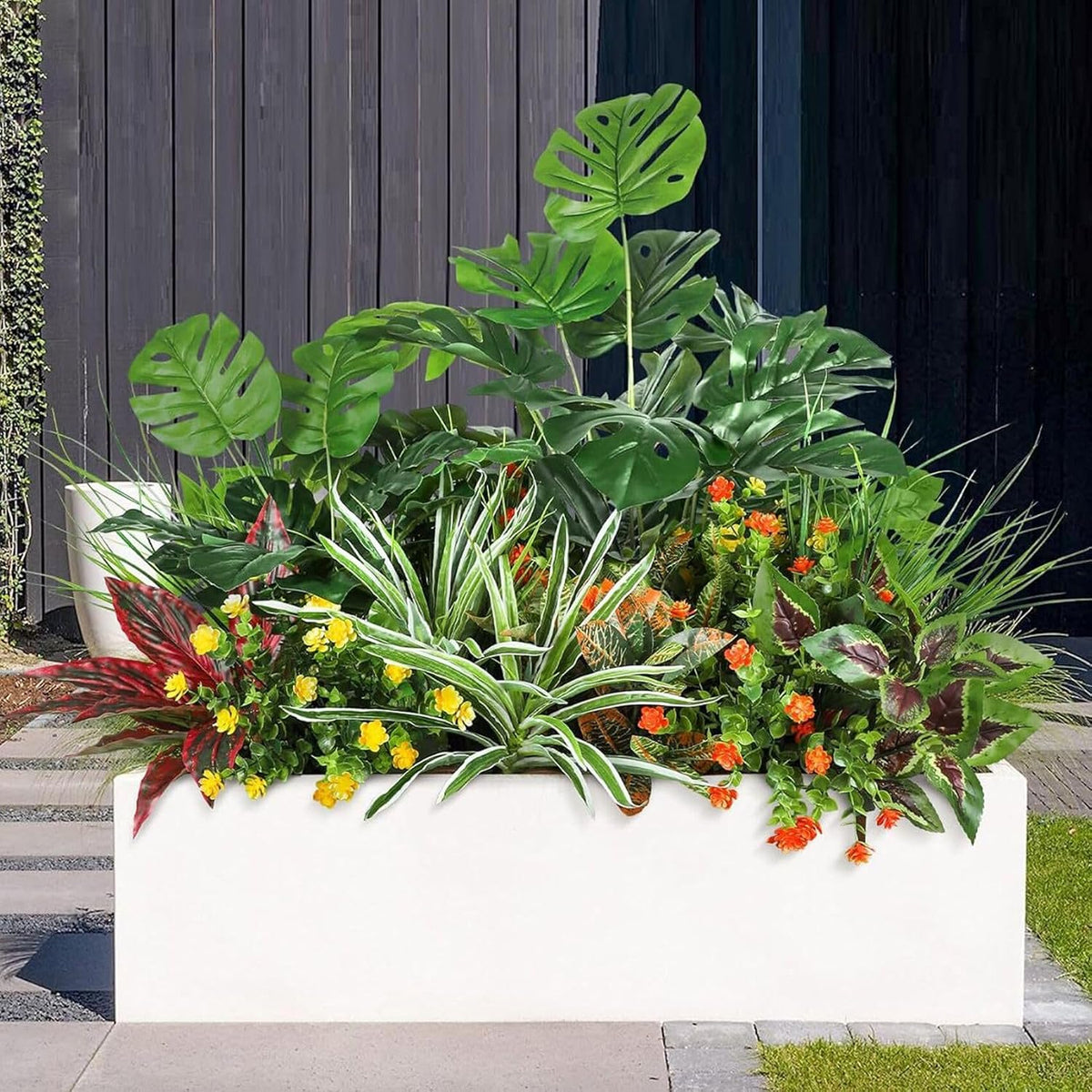Artificial Faux Alocasia Tree Leave Plants - 2PCS 28'' Tall Fake Alocasia Leaf Plant Indoor Outdoor, Large Faux Floor Plant for Living Room Bathroom Bedroom Plants Decor, Farmhouse Home House Decor