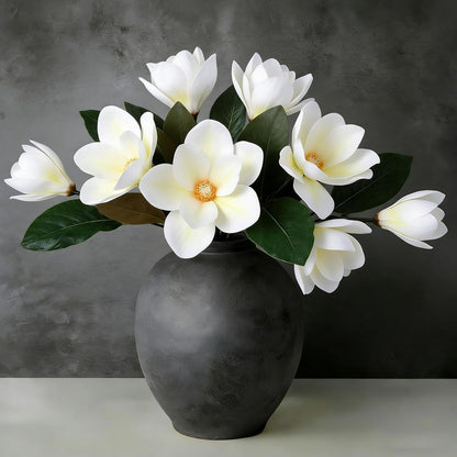 6 Pcs Artificial Magnolia Flowers Stems White Magnolia Long Stem Flower Faux Creamy Grandiflora Buds with Green Leaves for Tall Vase Realistic Table Centerpiece Indoor Decoration