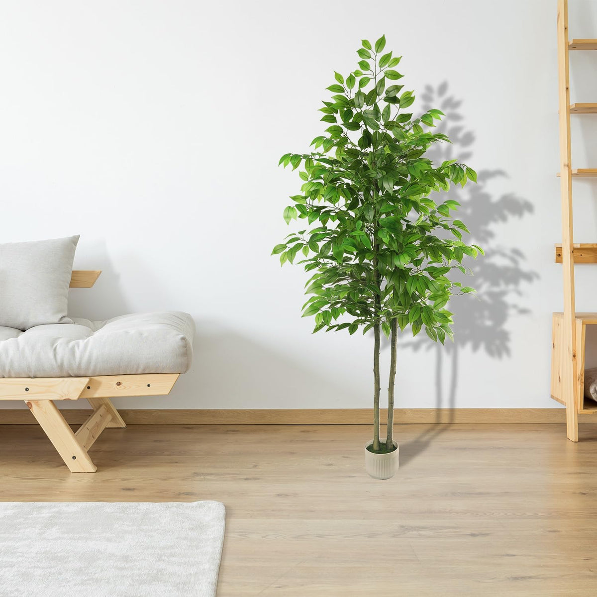 Artificial Ficus Tree 6FT Tall, Artificial Plants Indoor with White Planter Faux Ficus Tree Realistic Faux Silk Plant for Home Office Living Room, Porch, Garden Decor