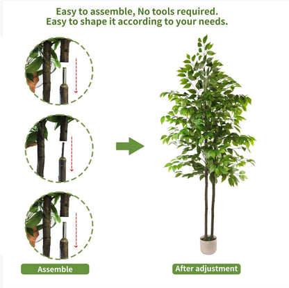 Artificial Ficus Tree 6FT Tall, Artificial Plants Indoor with White Planter Faux Ficus Tree Realistic Faux Silk Plant for Home Office Living Room, Porch, Garden Decor