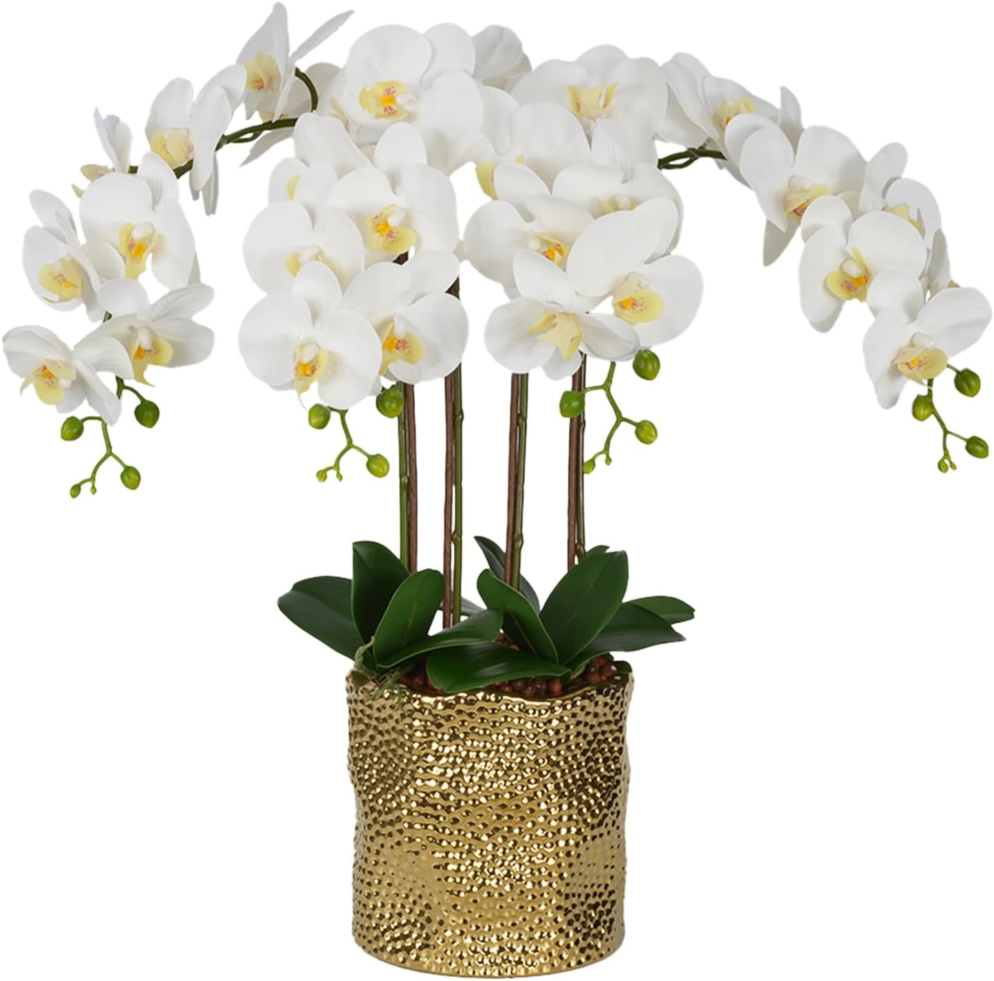 W&W Artificial Orchid Plants & Flowers Arrangement in Ceramic Pot, Fake Faux White Orchid with Gold Vase,Extral Large 26 inches