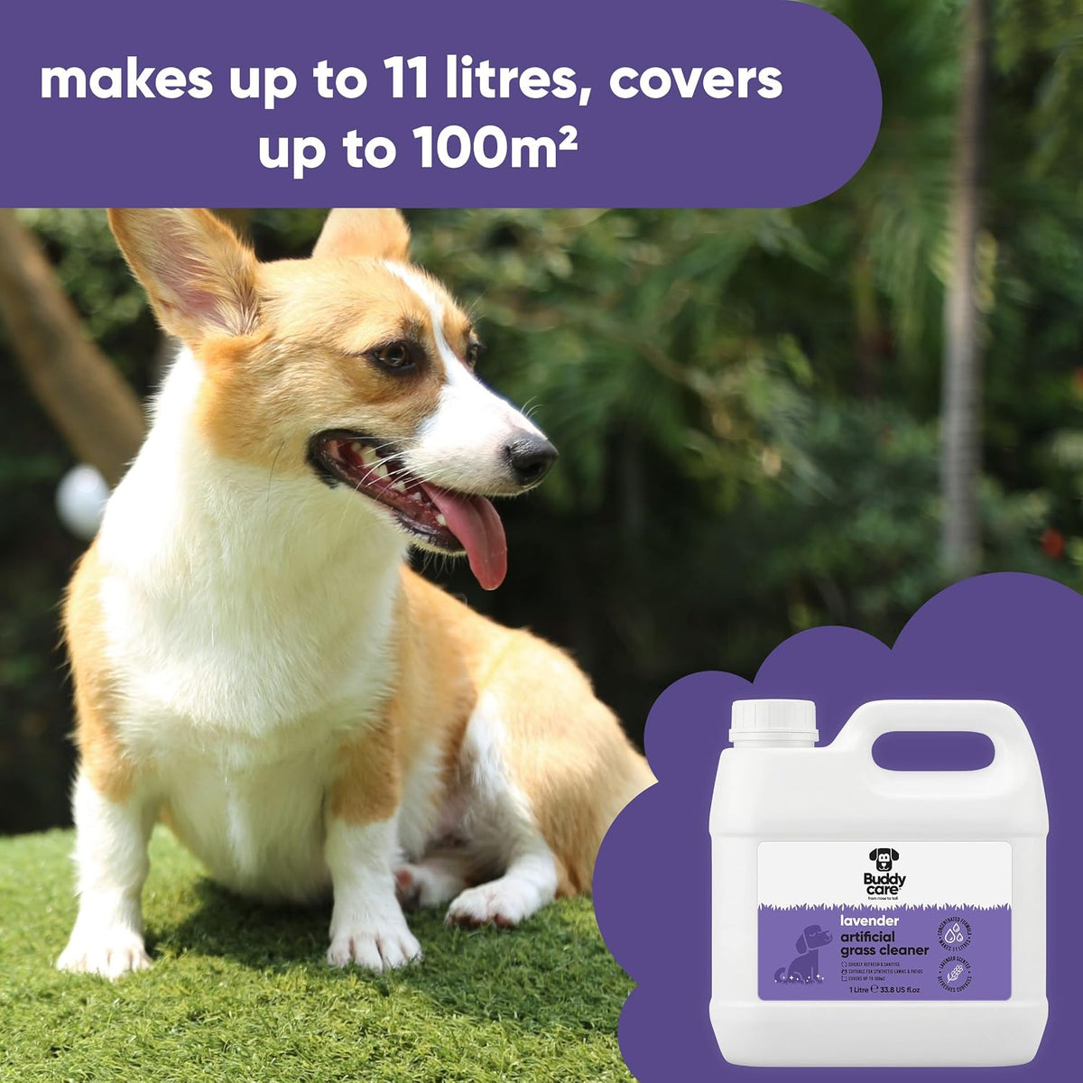 Artificial Grass Cleaner Concentrate - Lavender Scent - 1L - Outdoor Surface Cleaner for Synthetic Lawns & Patios, Fast Acting Odour Remover & Sanitiser, Makes 11L, Covers up to 100m²