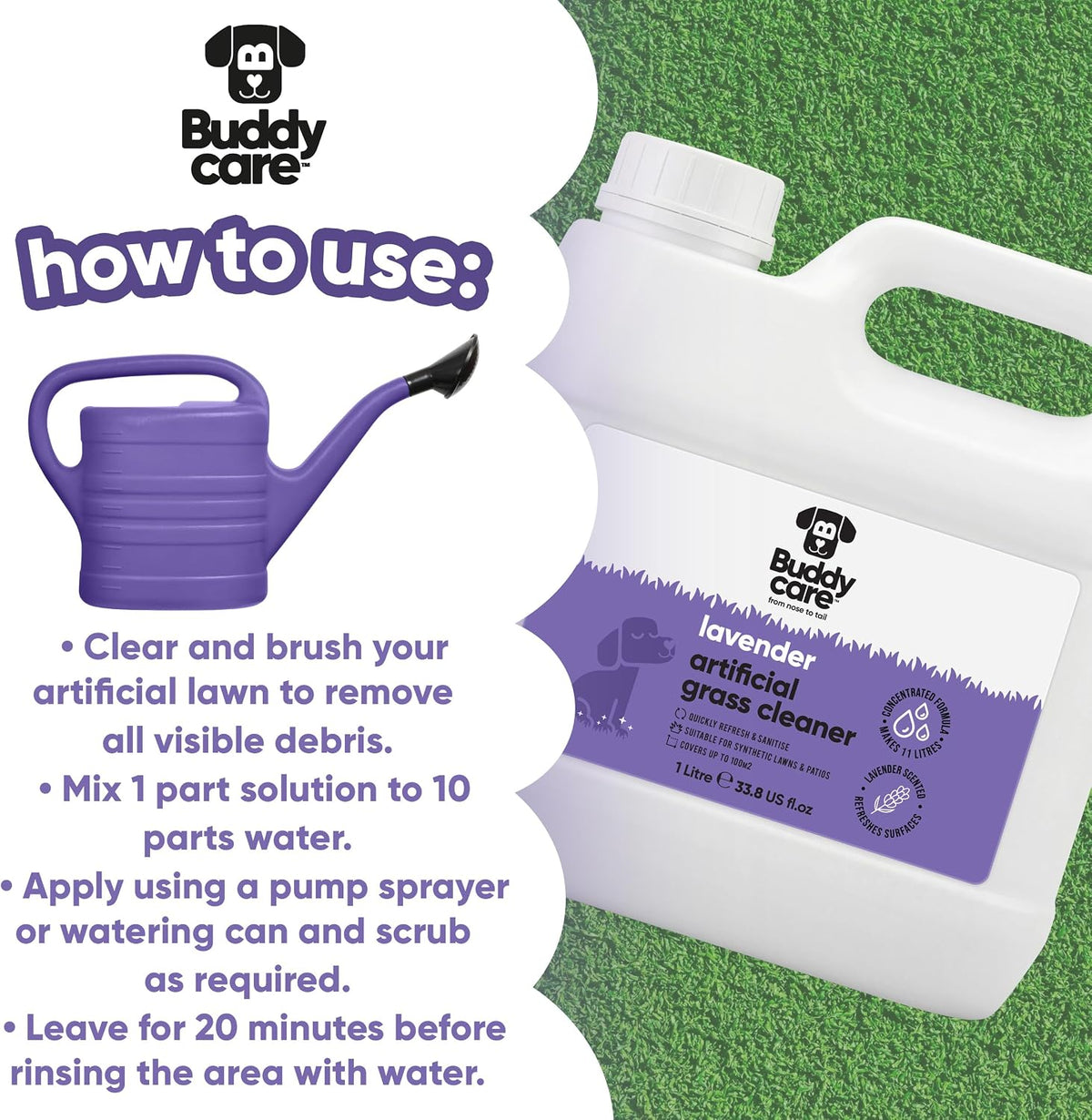 Artificial Grass Cleaner Concentrate - Lavender Scent - 1L - Outdoor Surface Cleaner for Synthetic Lawns & Patios, Fast Acting Odour Remover & Sanitiser, Makes 11L, Covers up to 100m²