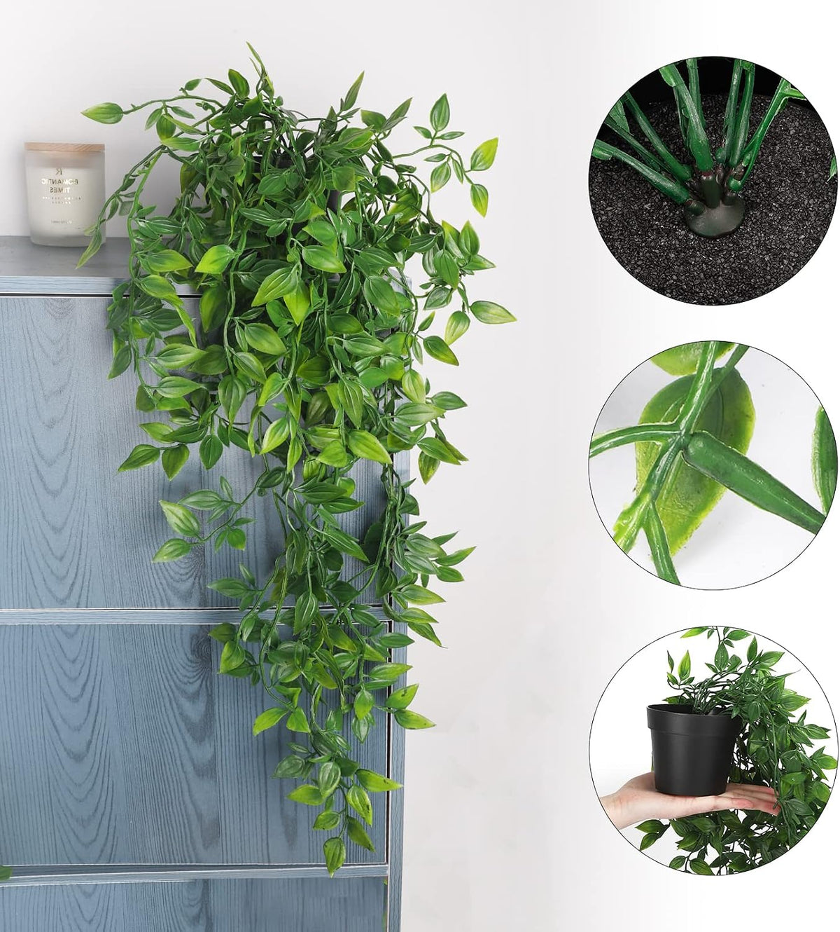 Fake Hanging Plants, Artificial Small Potted Plants for Indoor Outdoor Aesthetic Office Living Room Shelf Decor (1 Pack)