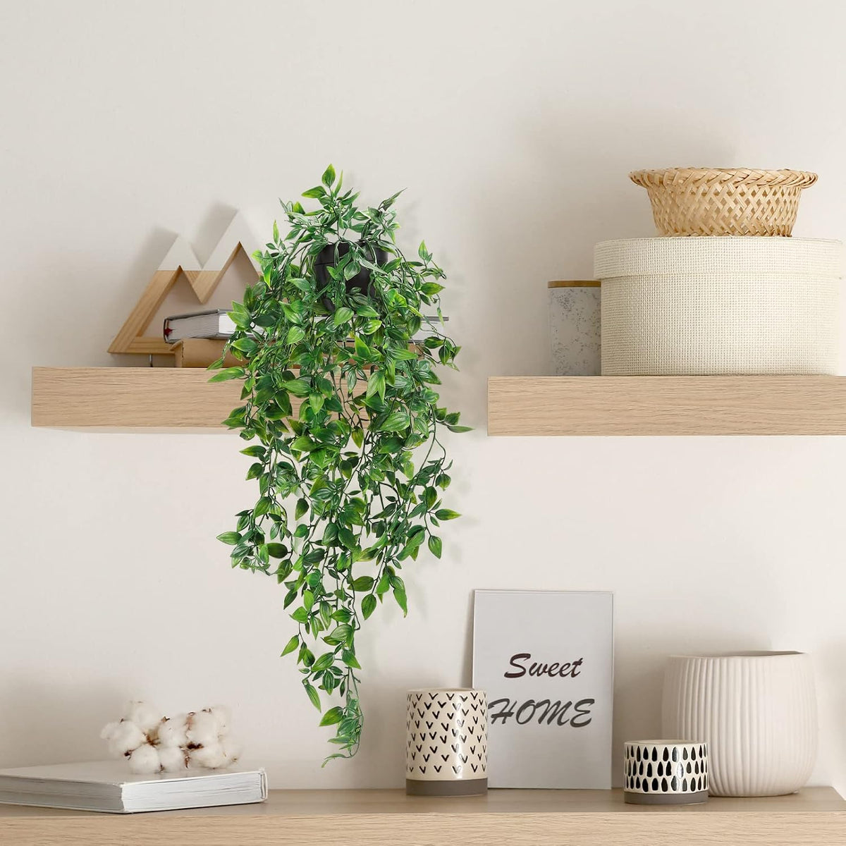 Fake Hanging Plants, Artificial Small Potted Plants for Indoor Outdoor Aesthetic Office Living Room Shelf Decor (1 Pack)