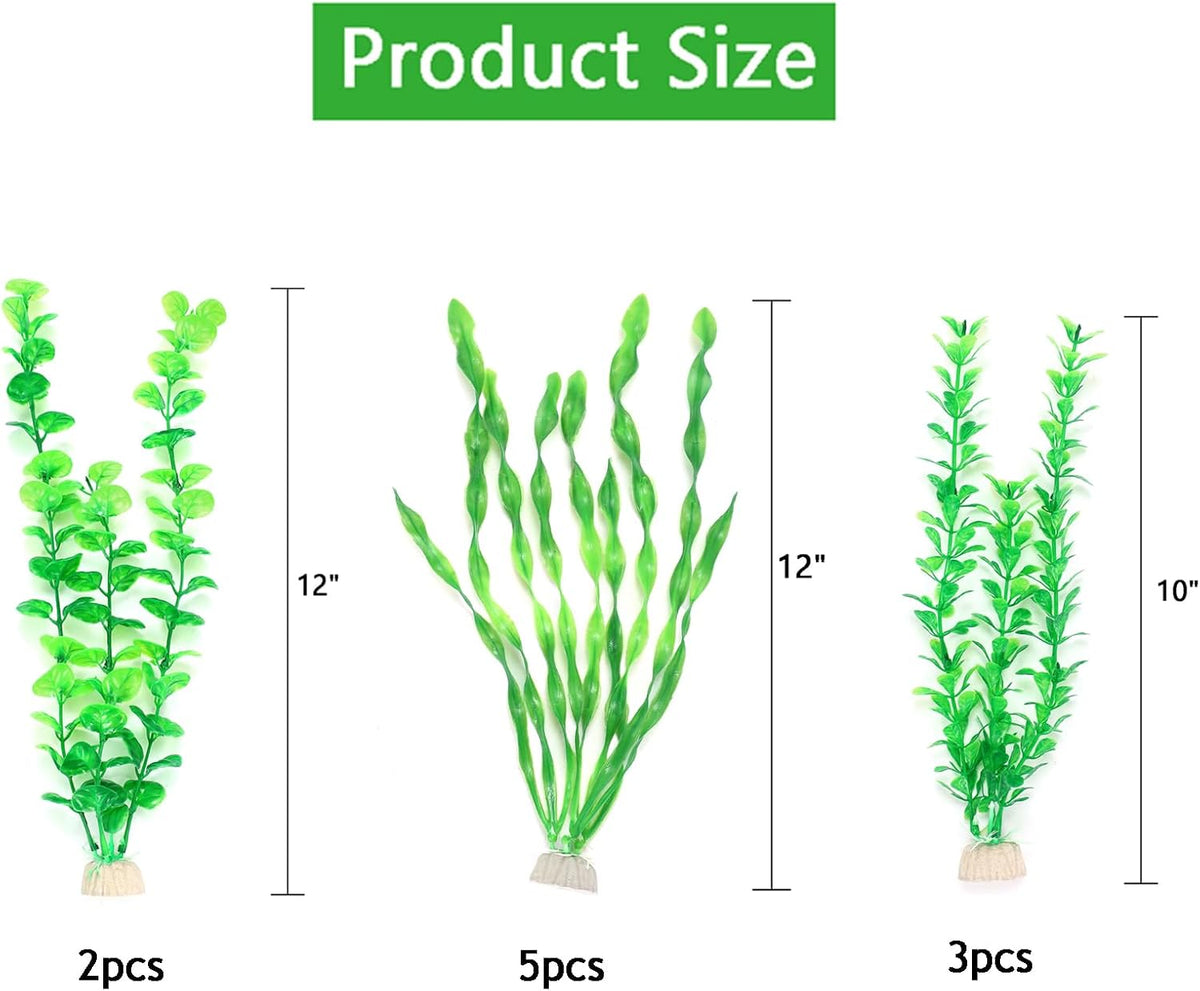 Artificial Fish Tank Plants, Green Plastic Aquarium Accessories, Multi Shape Fake Decorations, 10packs