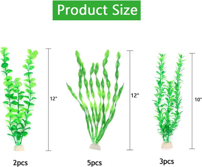 Artificial Fish Tank Plants, Green Plastic Aquarium Accessories, Multi Shape Fake Decorations, 10packs