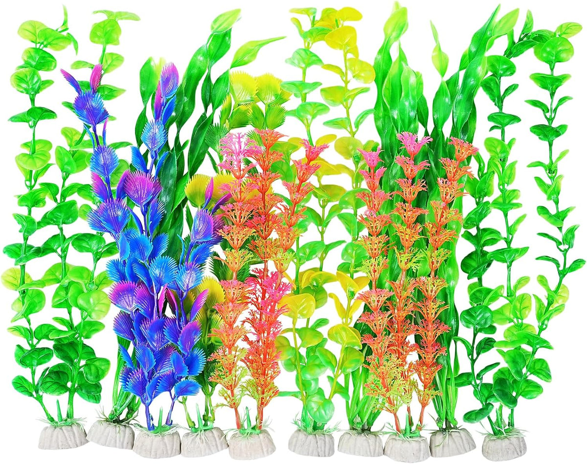 Artificial Fish Tank Plants, Green Plastic Aquarium Accessories, Multi Shape Fake Decorations, 10packs