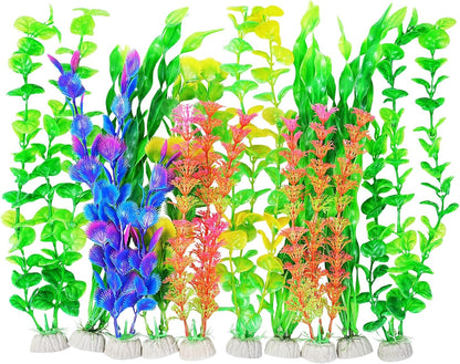 Artificial Fish Tank Plants, Green Plastic Aquarium Accessories, Multi Shape Fake Decorations, 10packs