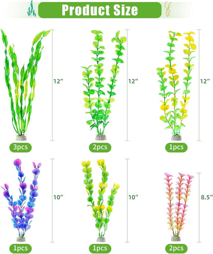 Artificial Fish Tank Plants, Green Plastic Aquarium Accessories, Multi Shape Fake Decorations, 10packs