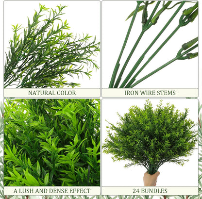 24 Bundles Artificial Rosemary Plants, UV Resistant No Fade Faux Green Grass Shrubs, Realistic Fake Bushes for Farmhouse Indoor Wedding Garden Porch Patio