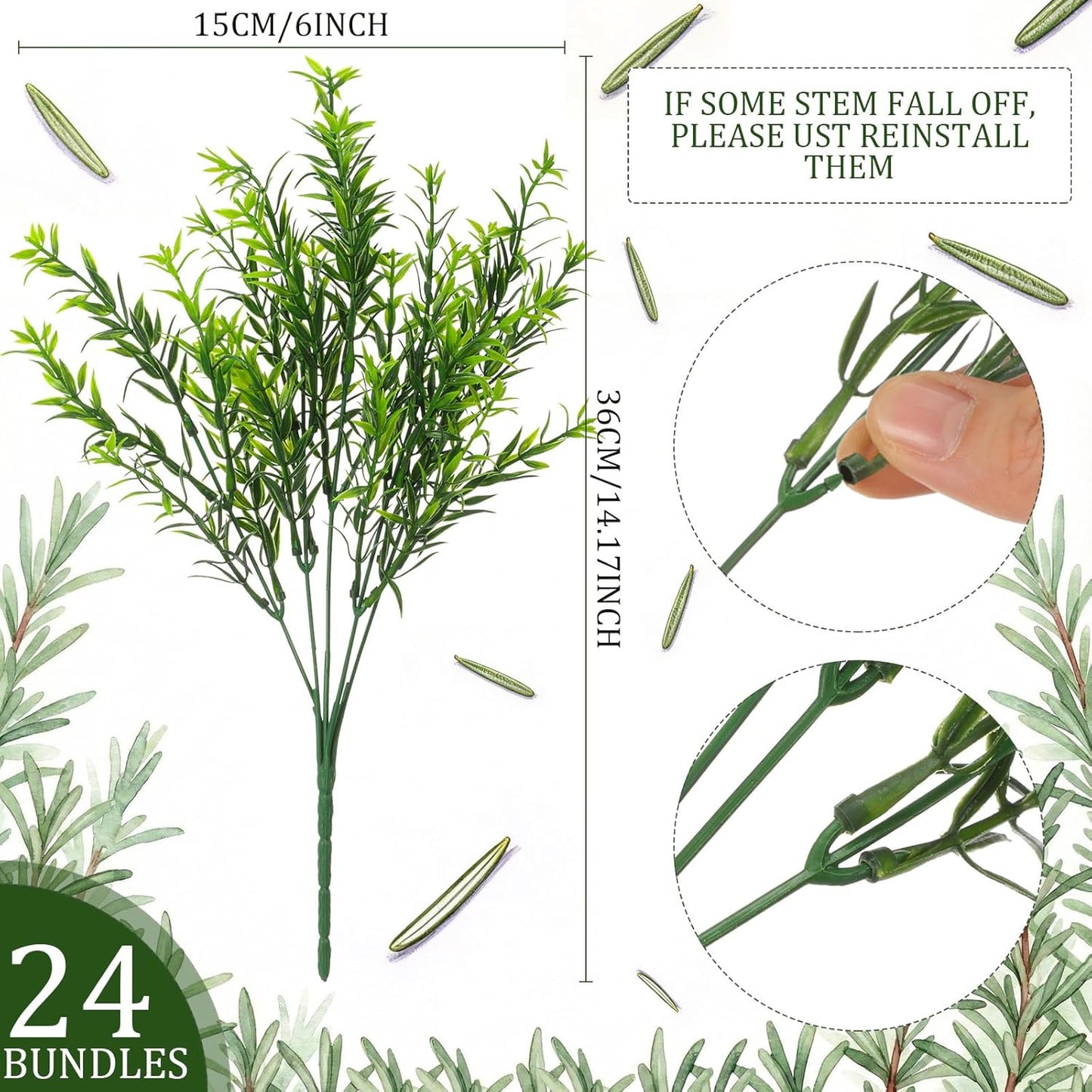24 Bundles Artificial Rosemary Plants, UV Resistant No Fade Faux Green Grass Shrubs, Realistic Fake Bushes for Farmhouse Indoor Wedding Garden Porch Patio