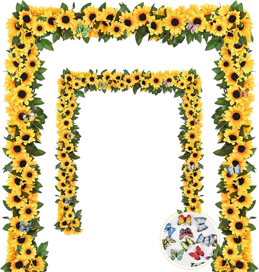 2 Pack Artificial Sunflower Garland Decor, Sunflower Vines Hanging Flowers Garland with Green Leaves, Fake Yellow Floral Vines Room Wedding Party Decoration