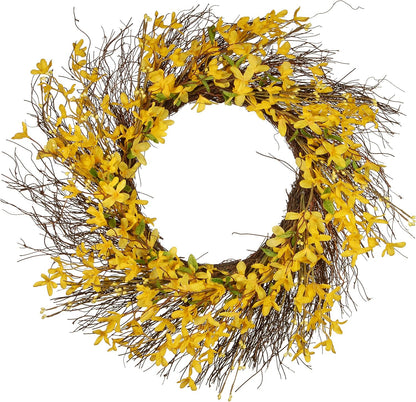 Artificial Spring Wreath, Woven Branch Base, Decorated with Forsythia Flowers, Spring Collection, 24 Inches