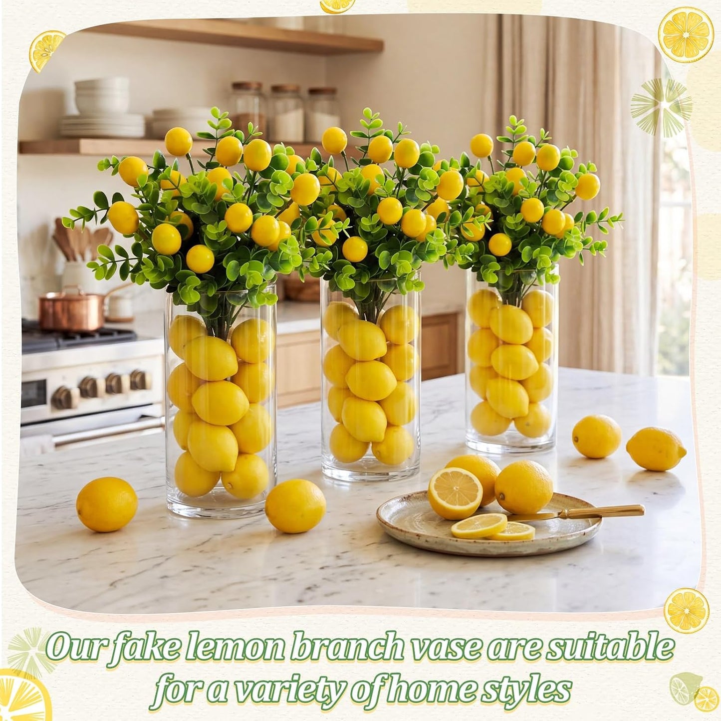 3 Set Artificial Peach Decor with 3 Glass Vase 6 Artificial Peach Branches and 60 Peaches, Plastic Plant Stem Ornament for Home Indoor Office Table Centerpieces Desk Decoration