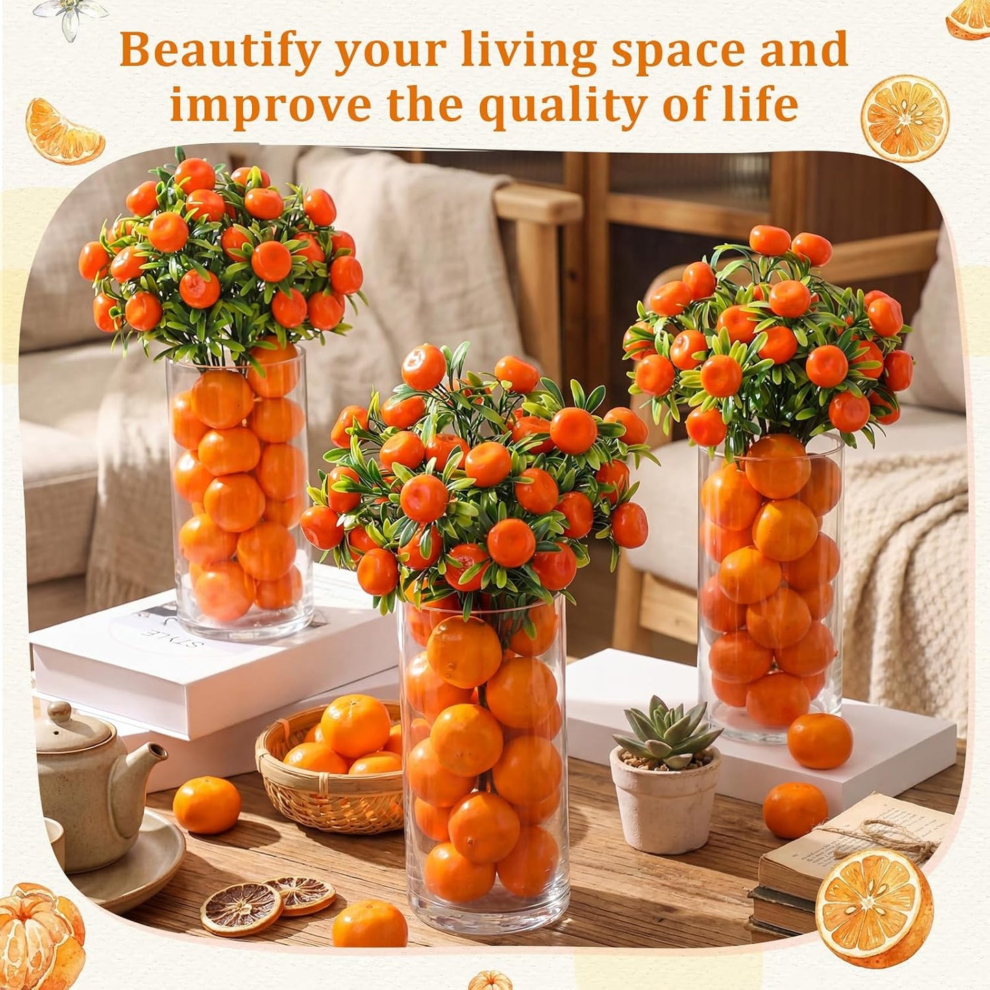 3 Set Artificial Peach Decor with 3 Glass Vase 6 Artificial Peach Branches and 60 Peaches, Plastic Plant Stem Ornament for Home Indoor Office Table Centerpieces Desk Decoration