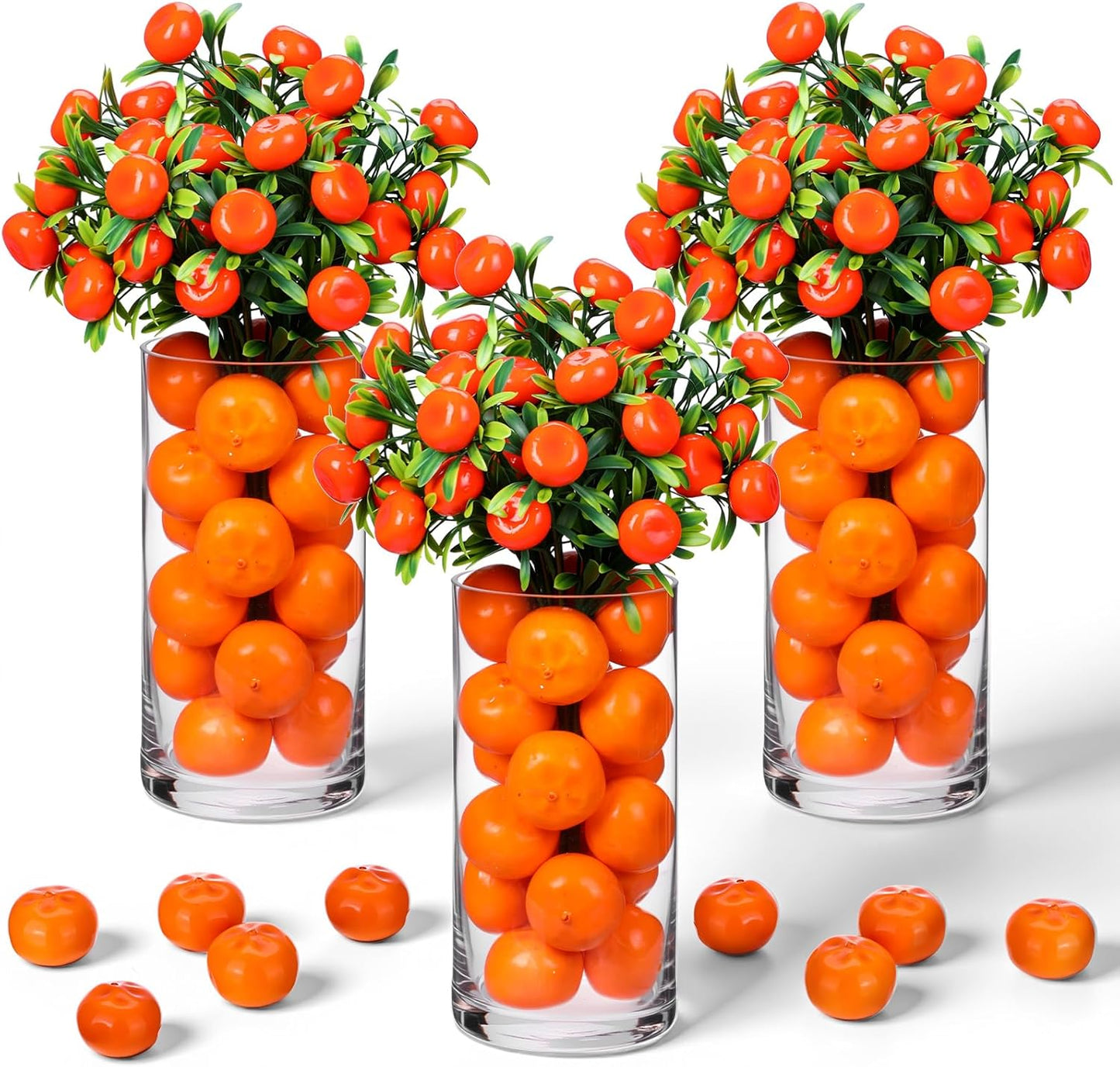 3 Set Artificial Peach Decor with 3 Glass Vase 6 Artificial Peach Branches and 60 Peaches, Plastic Plant Stem Ornament for Home Indoor Office Table Centerpieces Desk Decoration