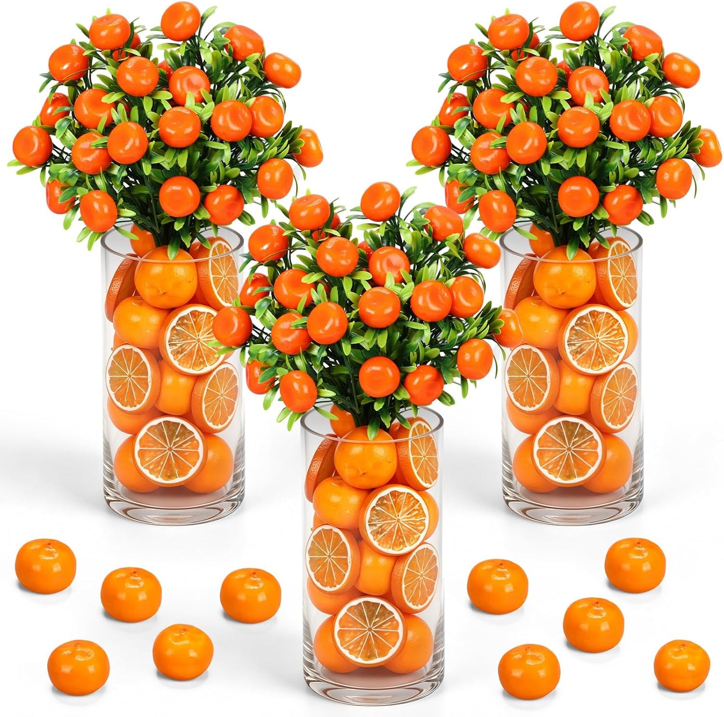 3 Set Artificial Peach Decor with 3 Glass Vase 6 Artificial Peach Branches and 60 Peaches, Plastic Plant Stem Ornament for Home Indoor Office Table Centerpieces Desk Decoration