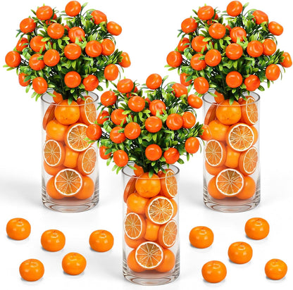 3 Set Artificial Peach Decor with 3 Glass Vase 6 Artificial Peach Branches and 60 Peaches, Plastic Plant Stem Ornament for Home Indoor Office Table Centerpieces Desk Decoration