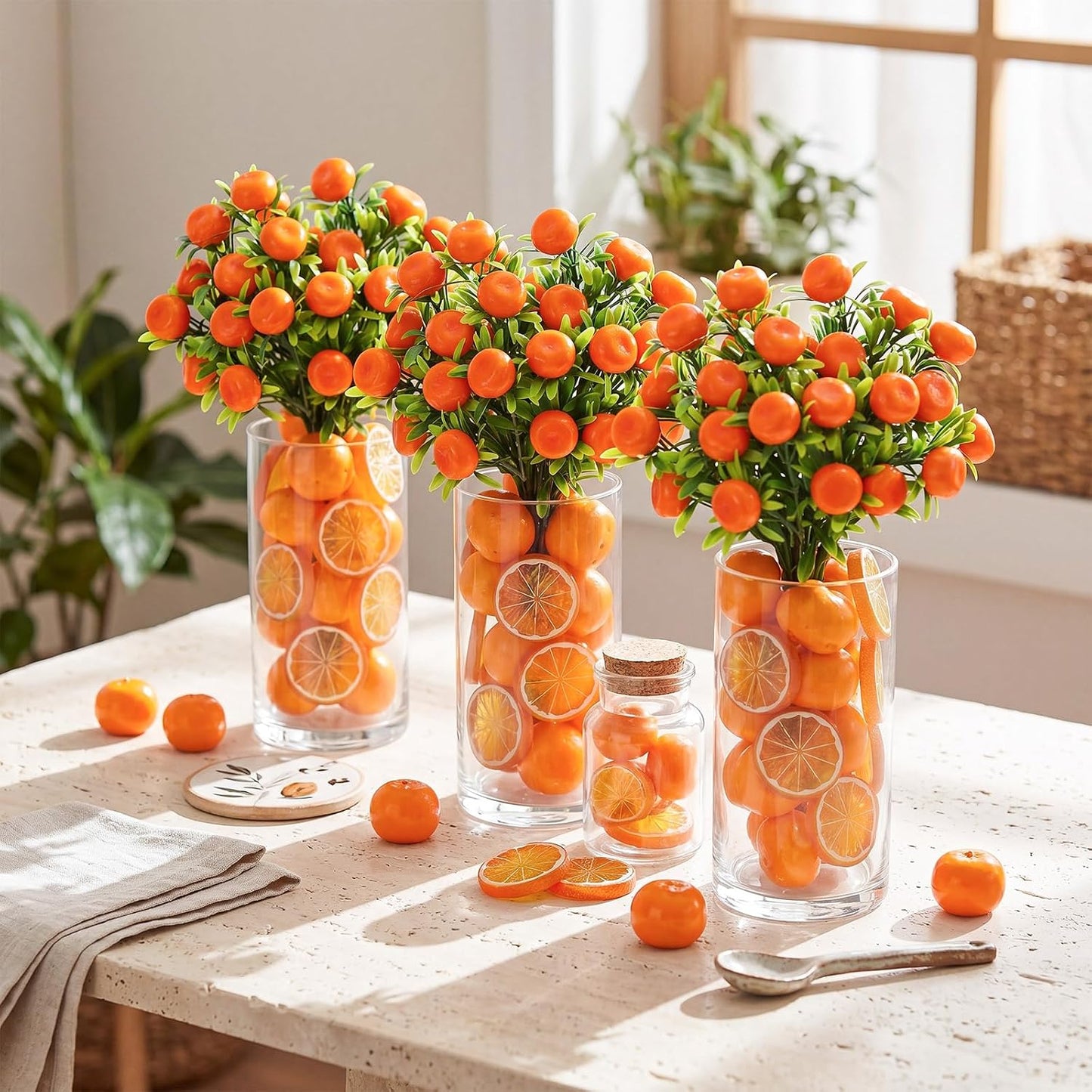 3 Set Artificial Peach Decor with 3 Glass Vase 6 Artificial Peach Branches and 60 Peaches, Plastic Plant Stem Ornament for Home Indoor Office Table Centerpieces Desk Decoration