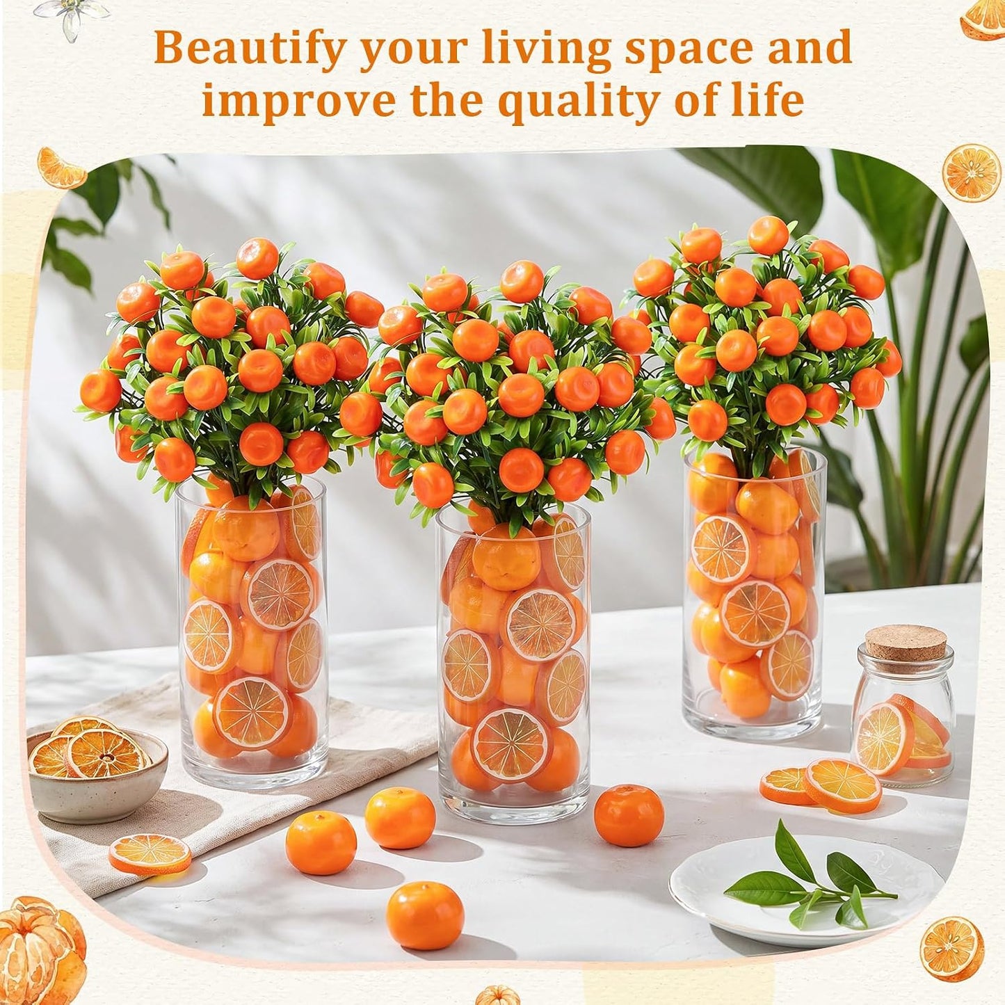3 Set Artificial Peach Decor with 3 Glass Vase 6 Artificial Peach Branches and 60 Peaches, Plastic Plant Stem Ornament for Home Indoor Office Table Centerpieces Desk Decoration