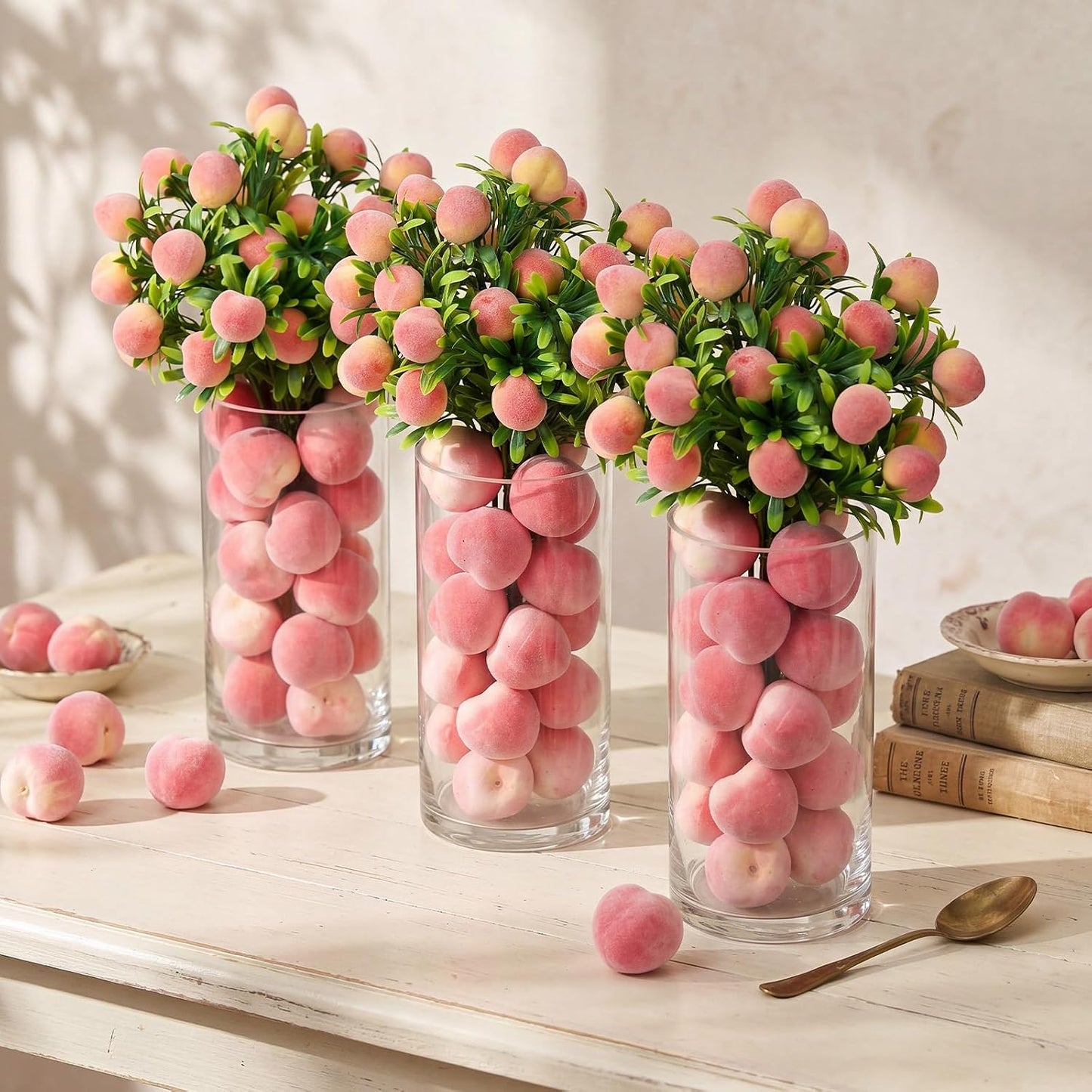 3 Set Artificial Peach Decor with 3 Glass Vase 6 Artificial Peach Branches and 60 Peaches, Plastic Plant Stem Ornament for Home Indoor Office Table Centerpieces Desk Decoration