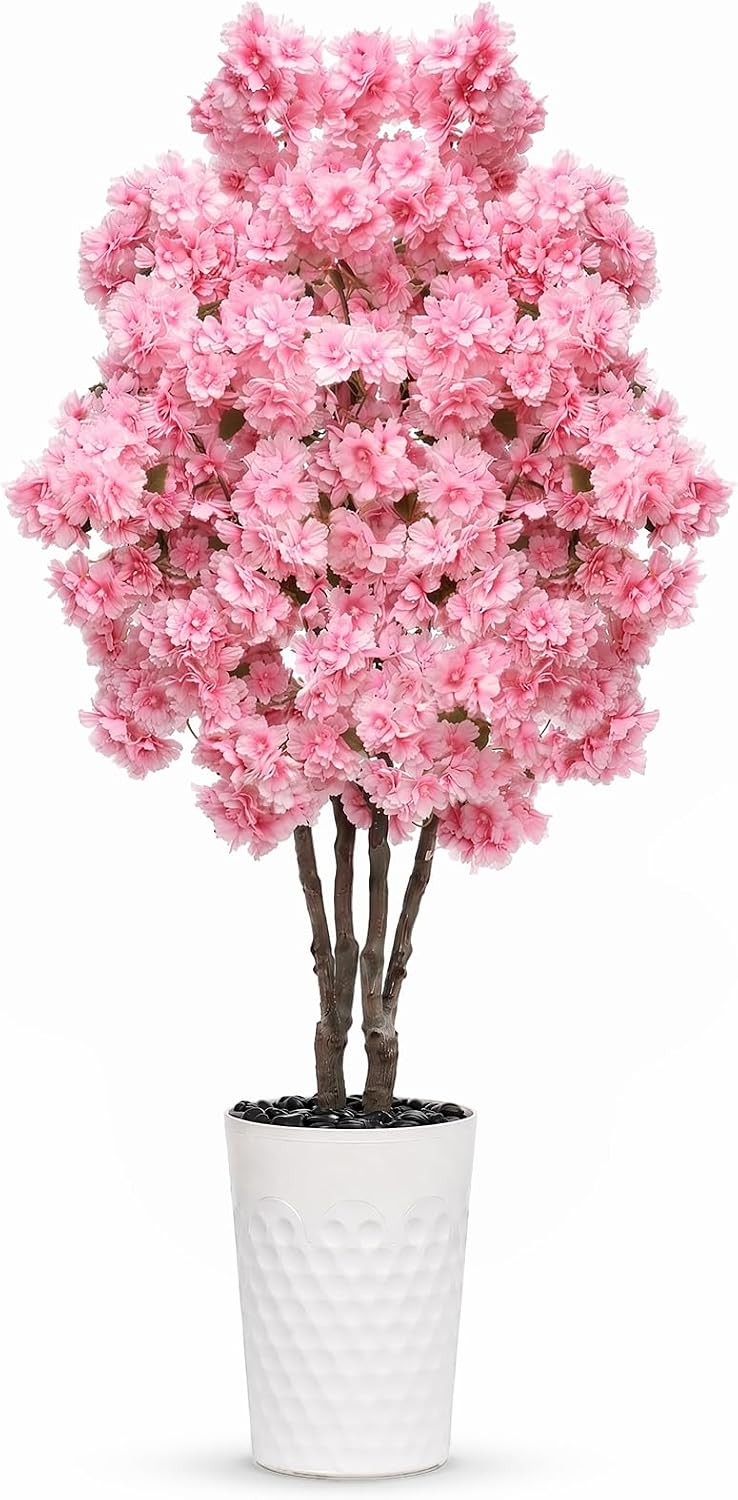 Artificial Cherry Blossom Tree 5FT, Fake Plants Indoor, Flowers Blooming Tree with White Pot, Artificial Trees for House Bedroom Living Room