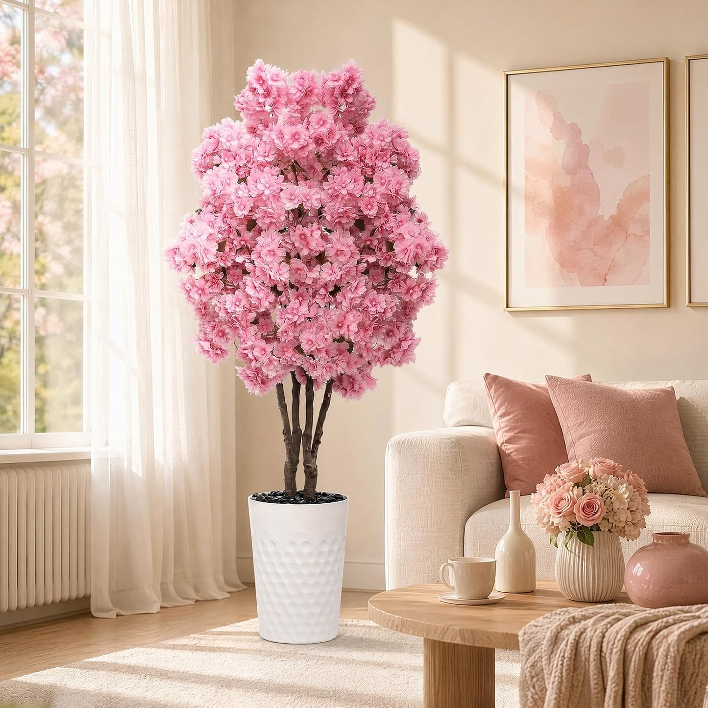 Artificial Cherry Blossom Tree 5FT, Fake Plants Indoor, Flowers Blooming Tree with White Pot, Artificial Trees for House Bedroom Living Room