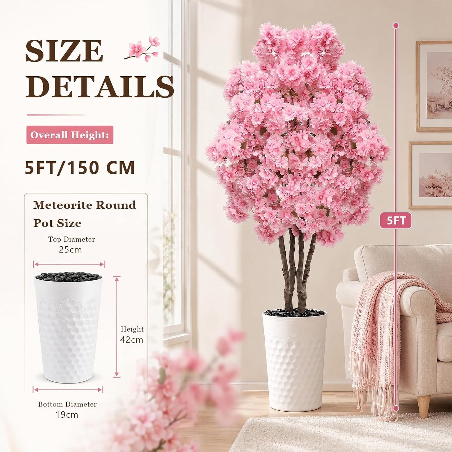 Artificial Cherry Blossom Tree 5FT, Fake Plants Indoor, Flowers Blooming Tree with White Pot, Artificial Trees for House Bedroom Living Room