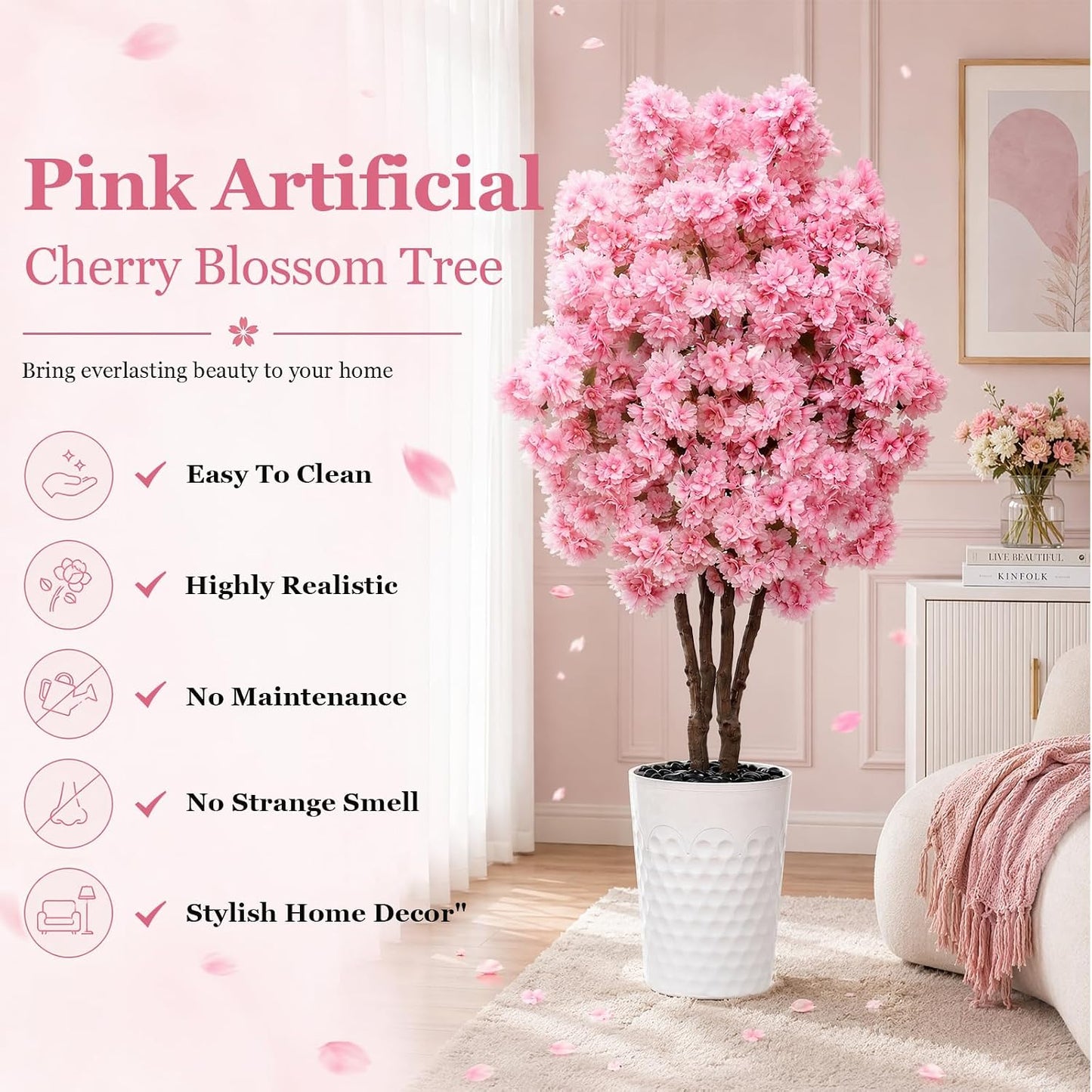 Artificial Cherry Blossom Tree 5FT, Fake Plants Indoor, Flowers Blooming Tree with White Pot, Artificial Trees for House Bedroom Living Room