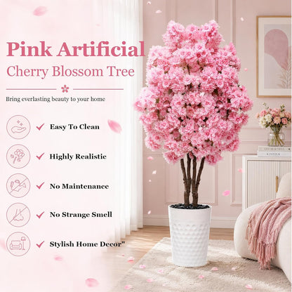 Artificial Cherry Blossom Tree 5FT, Fake Plants Indoor, Flowers Blooming Tree with White Pot, Artificial Trees for House Bedroom Living Room