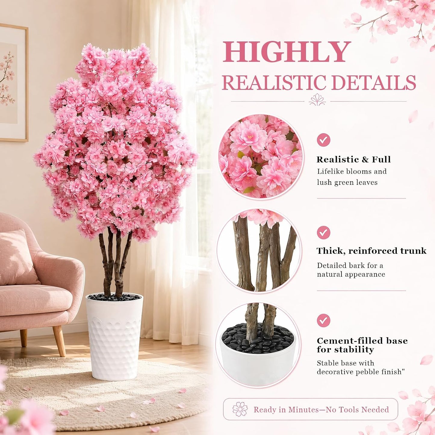 Artificial Cherry Blossom Tree 5FT, Fake Plants Indoor, Flowers Blooming Tree with White Pot, Artificial Trees for House Bedroom Living Room