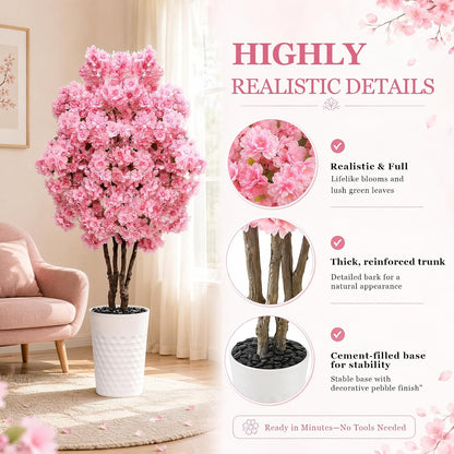 Artificial Cherry Blossom Tree 5FT, Fake Plants Indoor, Flowers Blooming Tree with White Pot, Artificial Trees for House Bedroom Living Room