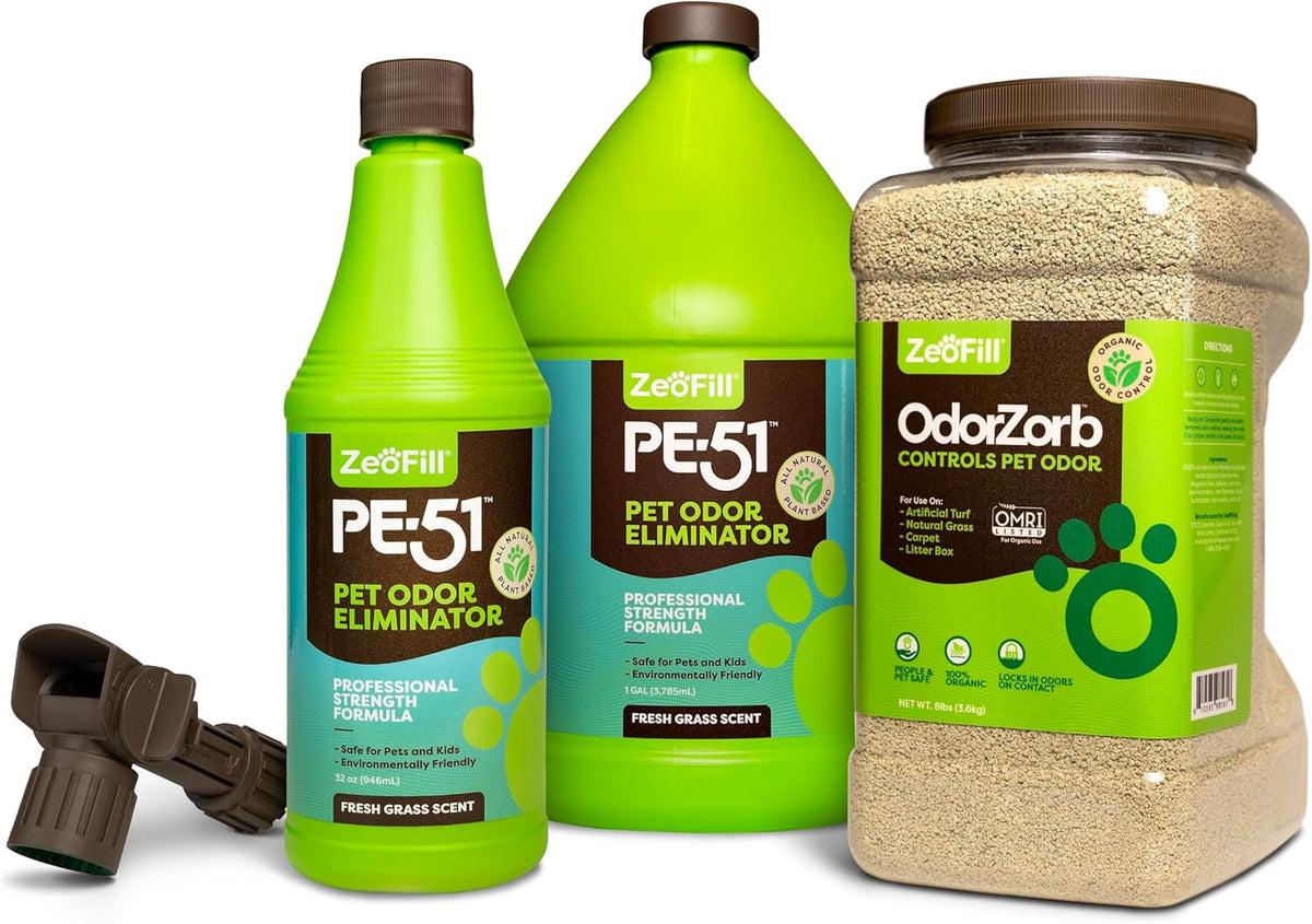 ® Artificial Turf Cleaner & Pet Odor Eliminator Premium Bundle – 8LBS OdorZorb, 1 Gal PE-51, 32oz PE-51 w/Nozzle – for Turf, Grass, Litter Box – Organic & Natural