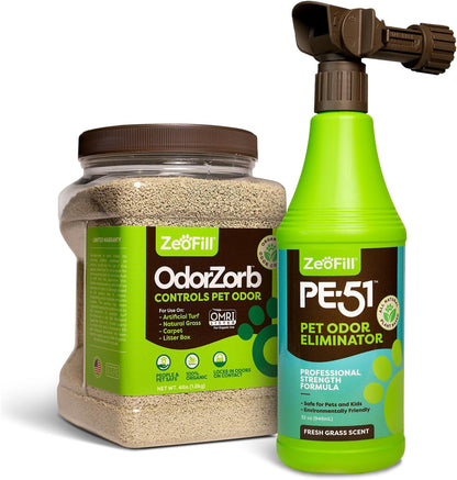 ® Artificial Turf Cleaner & Pet Odor Eliminator Premium Bundle – 8LBS OdorZorb, 1 Gal PE-51, 32oz PE-51 w/Nozzle – for Turf, Grass, Litter Box – Organic & Natural
