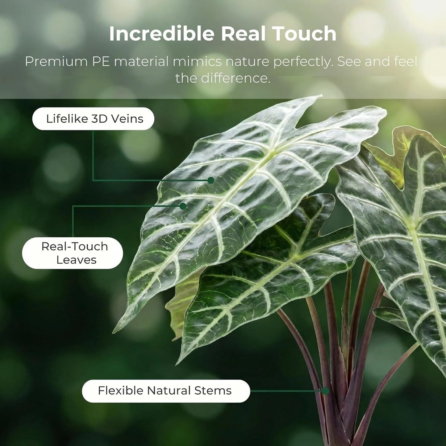 Artificial Alocasia Plant, Purple Tropical Plant, 17.7 in, 2 PCS | PE Material Leaves with Iron Wire, Bendable Stem Design, for Indoor Home and Office, Boho Decor for Adults