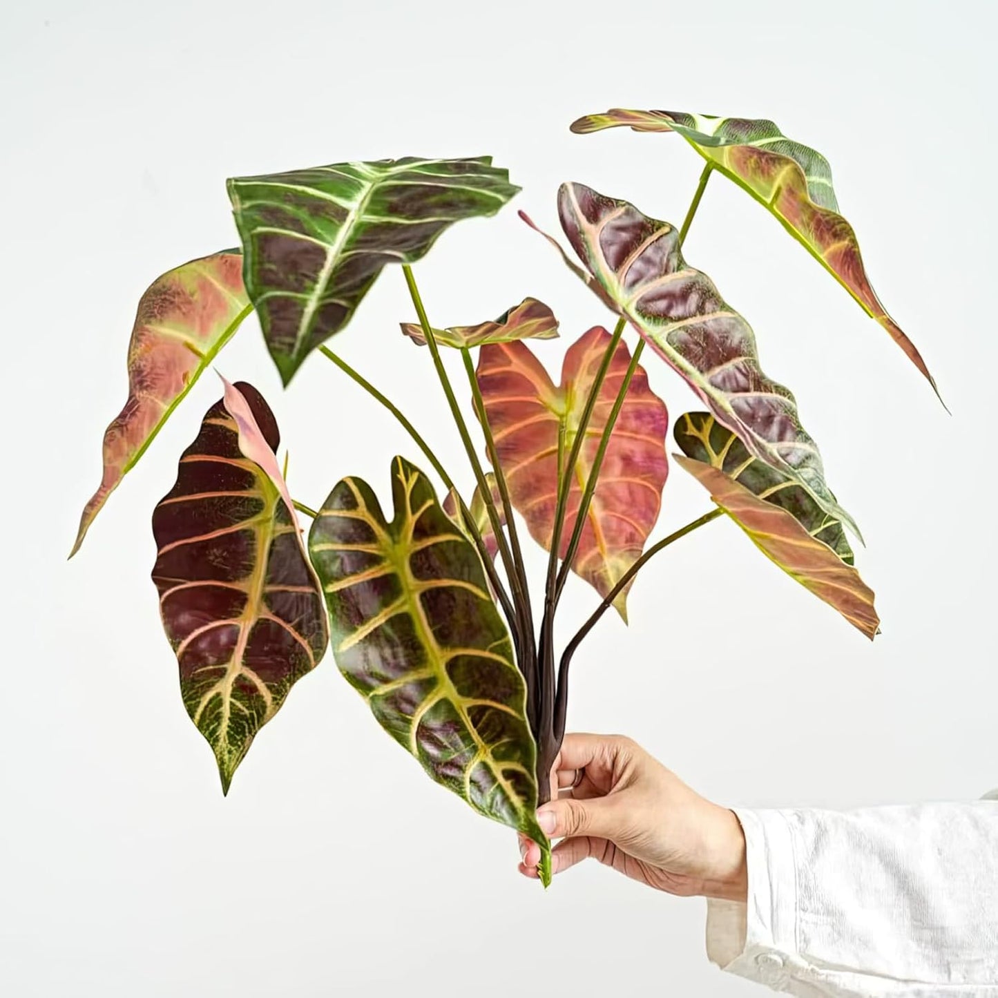 Artificial Alocasia Plant, Purple Tropical Plant, 17.7 in, 2 PCS | PE Material Leaves with Iron Wire, Bendable Stem Design, for Indoor Home and Office, Boho Decor for Adults
