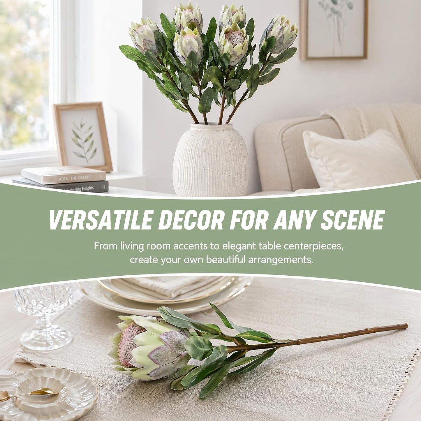 5 Pcs Artificial King Protea Flowers, Green Faux Protea Cynaroides Tropical Realistic King Protea Flower with Stem for Indoor Table Centerpiece Wedding Home Party Decoration